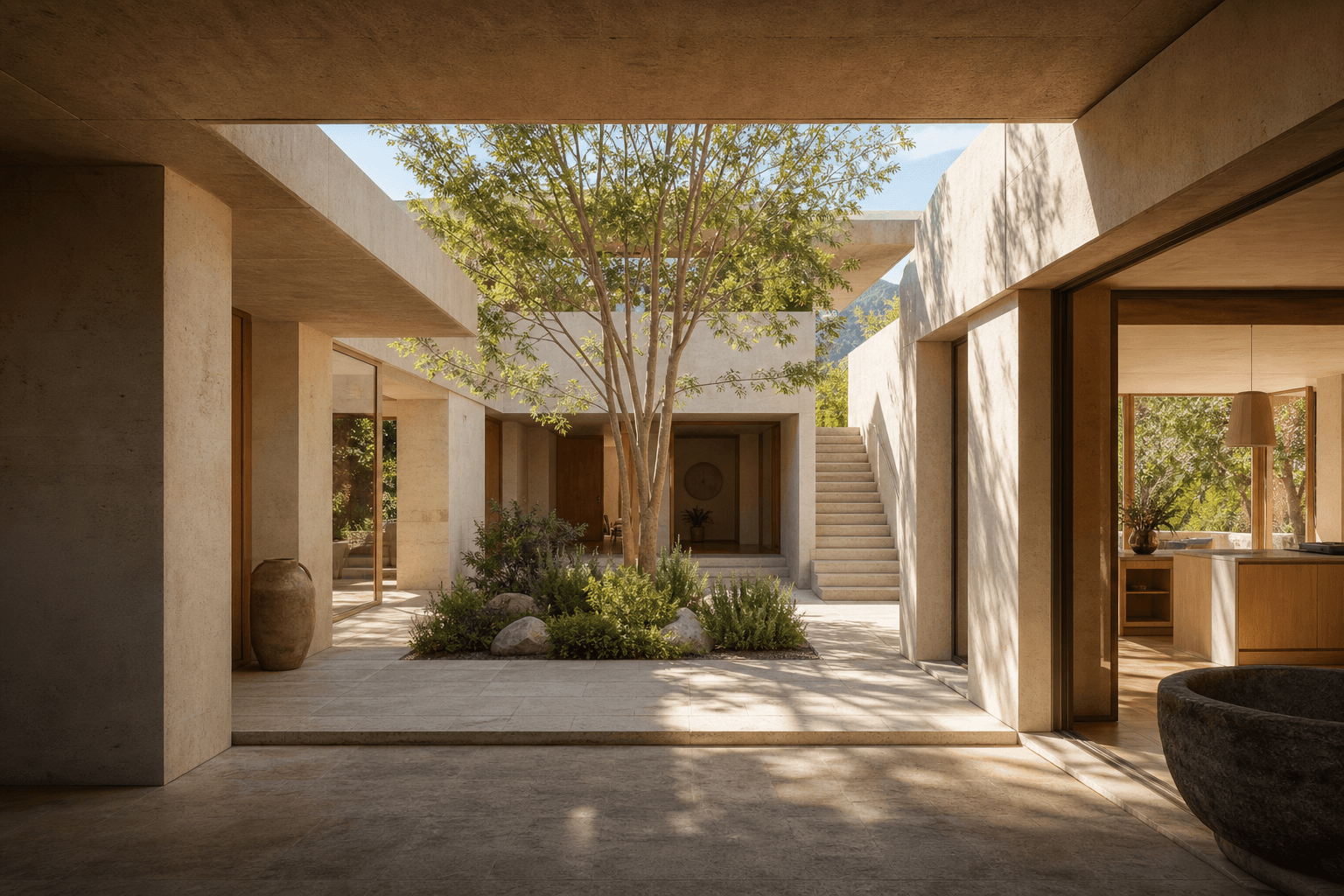 3D architectural render of Atrium House limestone courtyard residence