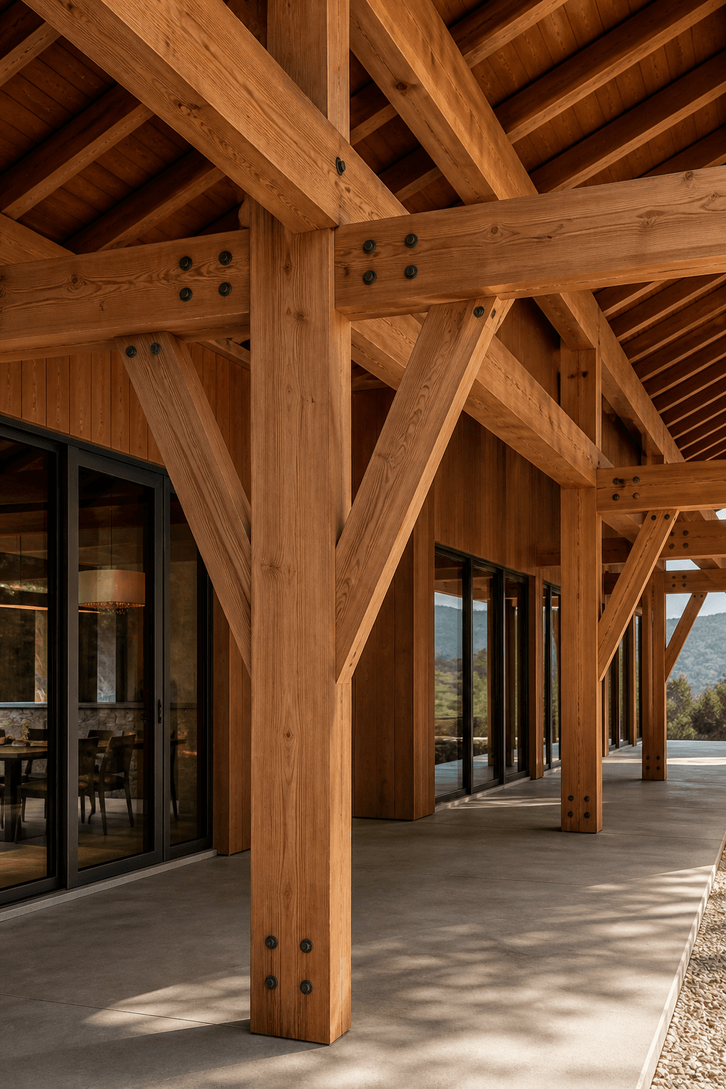 Modular Douglas fir timber frame bay structure detail