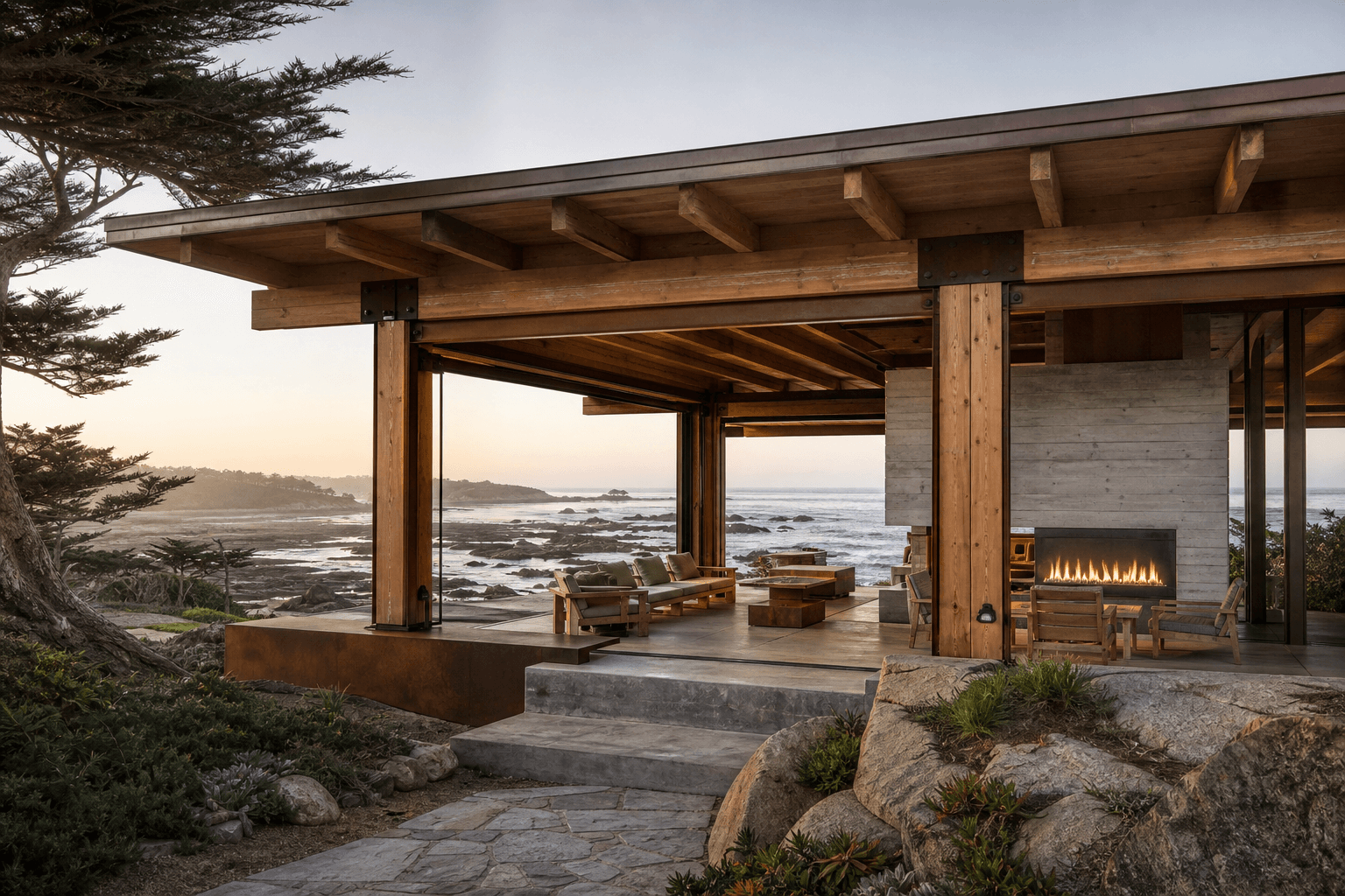 3D architectural render of Coastal Pavilion timber frame hospitality venue at low tide
