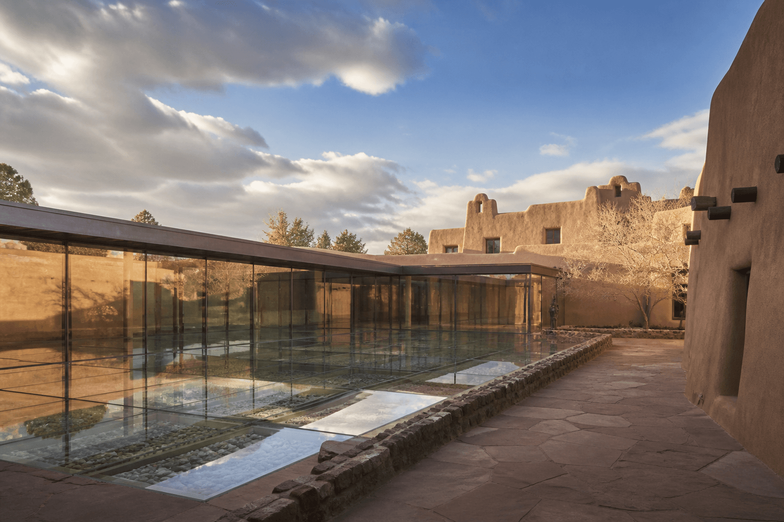 Library court with sky reflection
