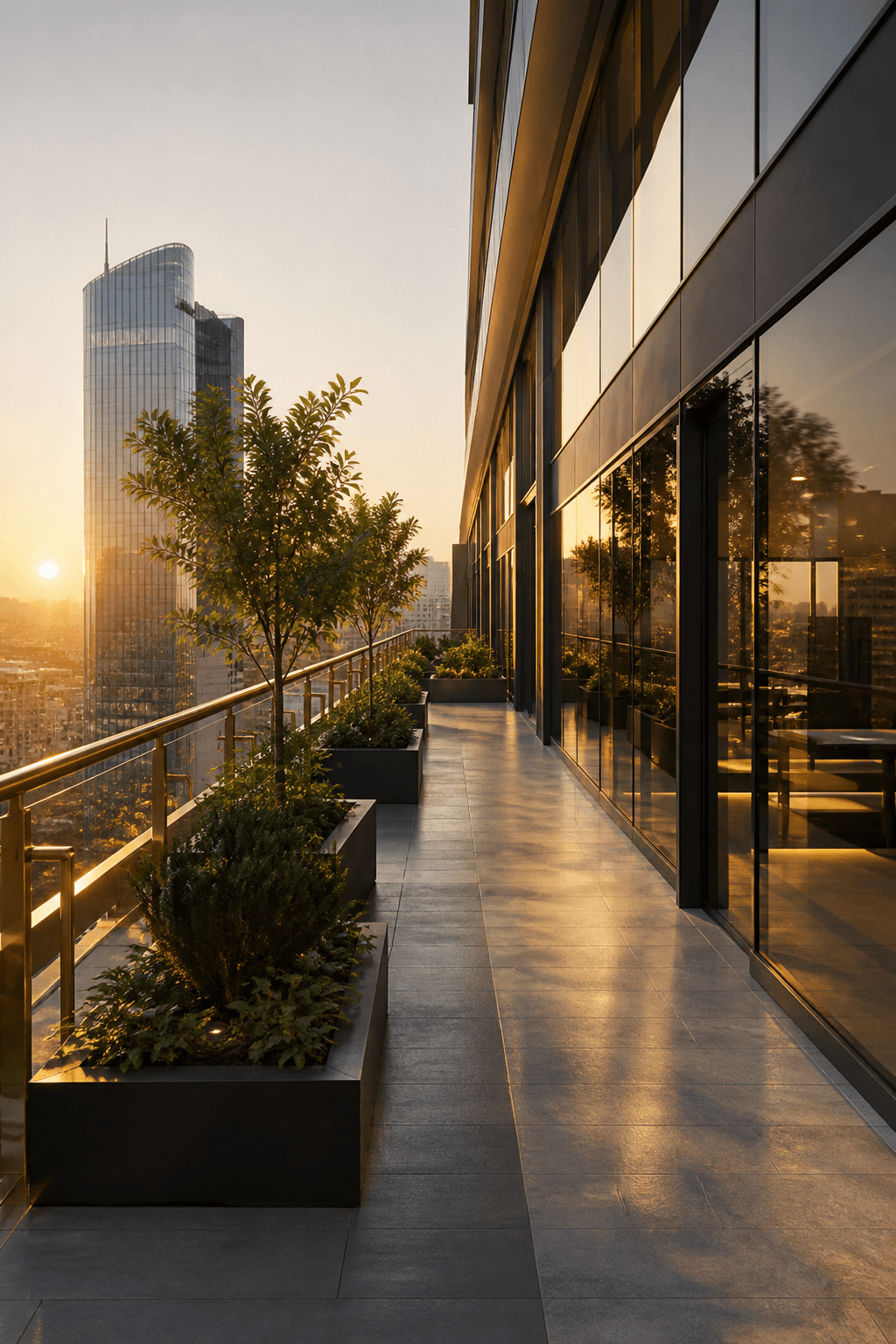 Outdoor office terrace with planters and city views at golden hour