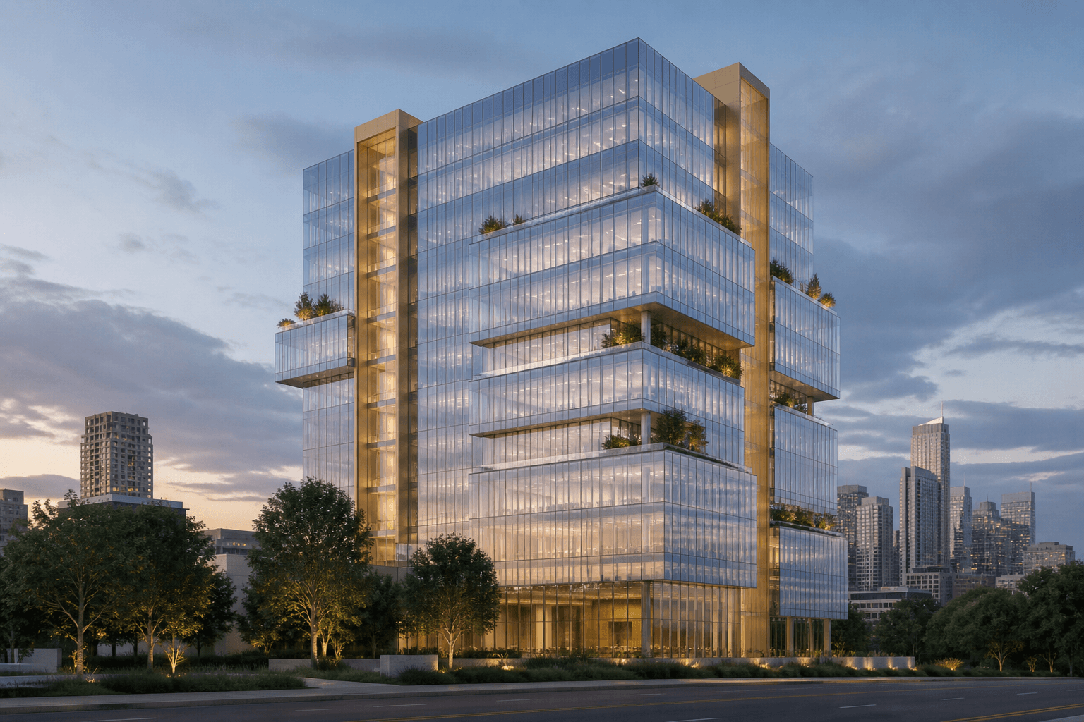 3D architectural render of Linea Tower glass and brass workplace tower at dusk