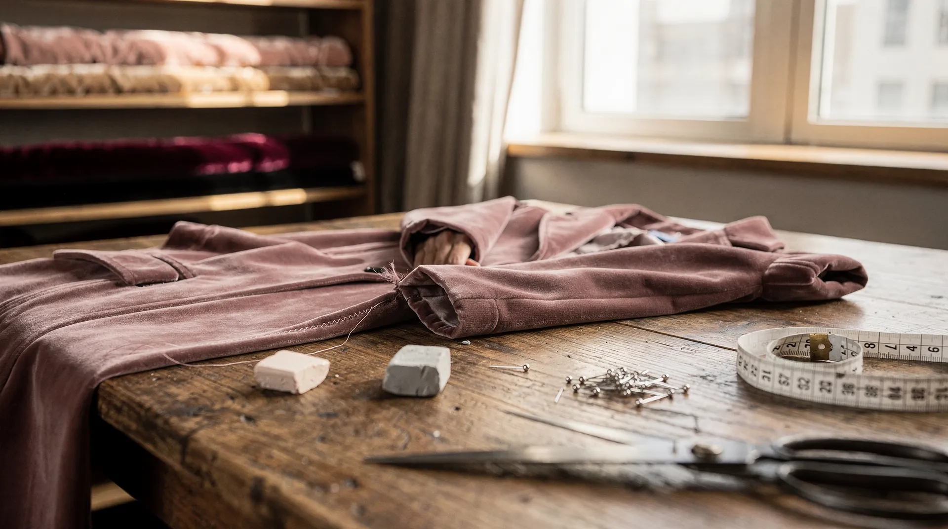 Hands hand-finishing the hem of a rose velour coat in a sunlit atelier