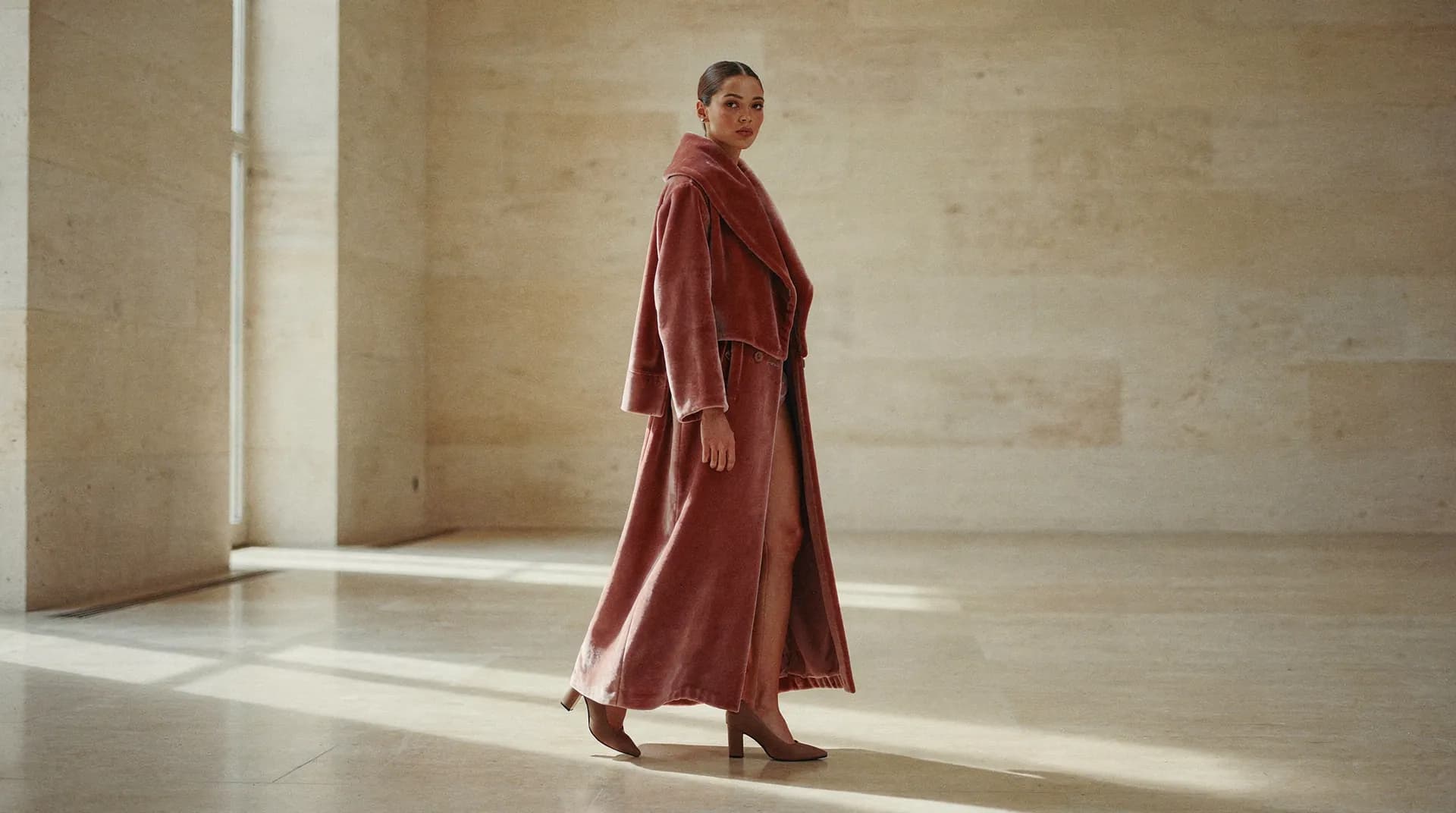 A model in a floor-length dusty-rose velour coat walking through a limestone gallery