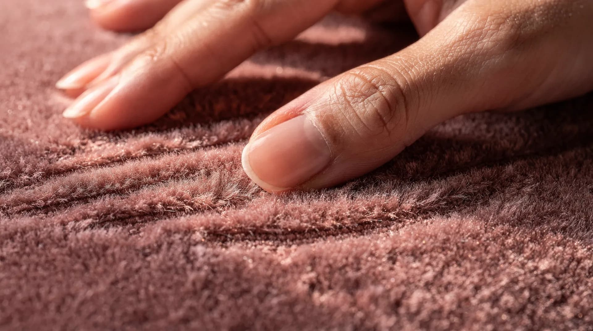 A hand brushing dusty-rose velour, the pile changing shade where the fingers pass