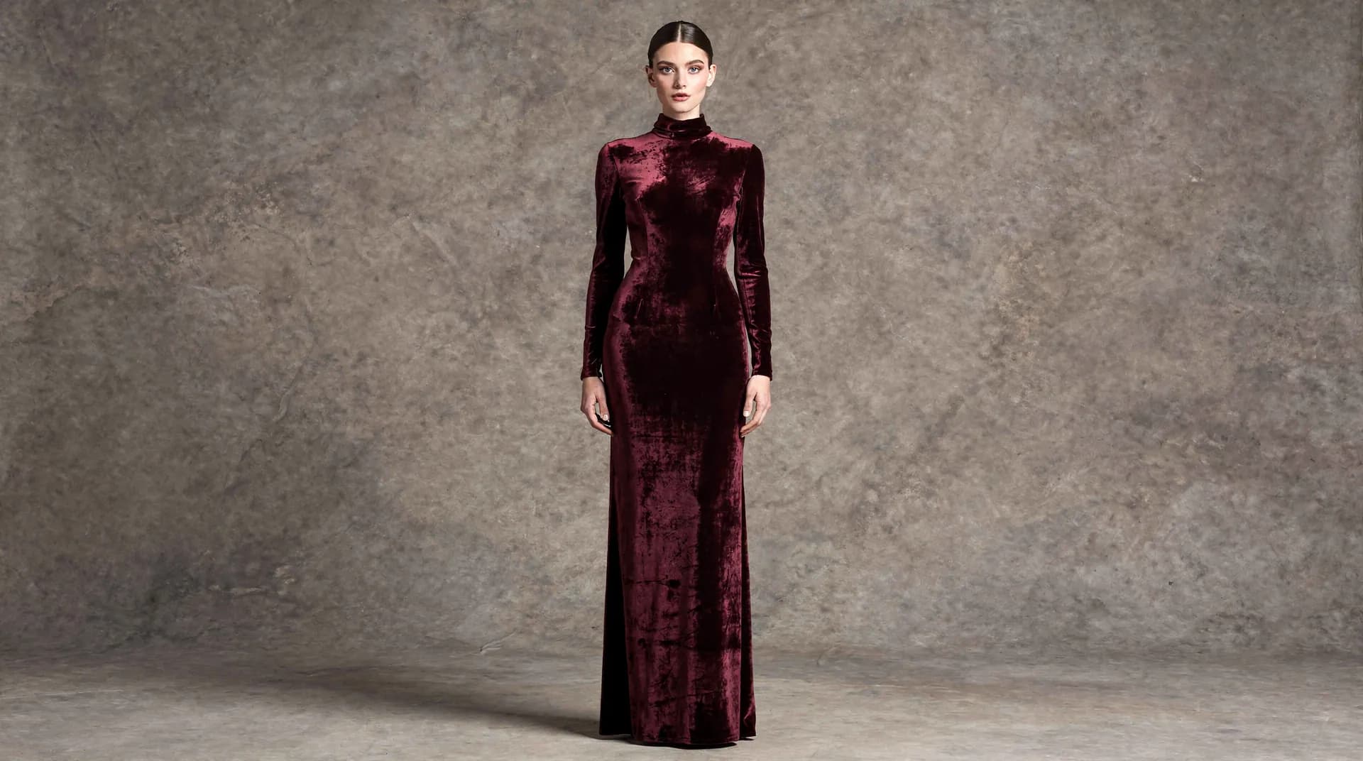 Look 02: Column gown, long sleeve in Oxblood