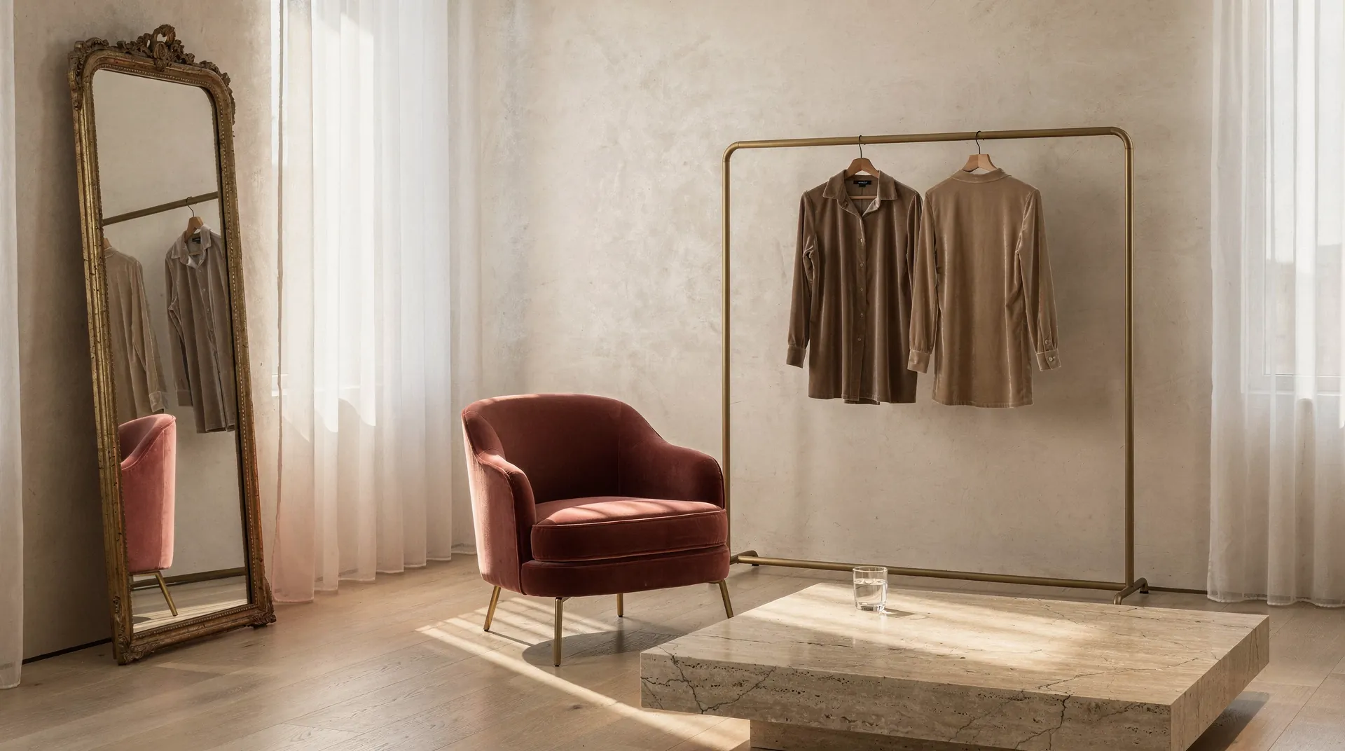 A private fitting salon with a rose velvet armchair, antique mirror and a rail of velour pieces