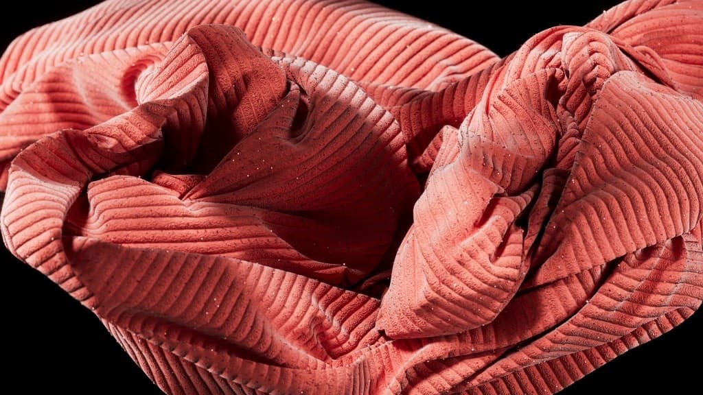 Dusty rose velour fabric bunched on black, tactile luxury texture for Velour Collective