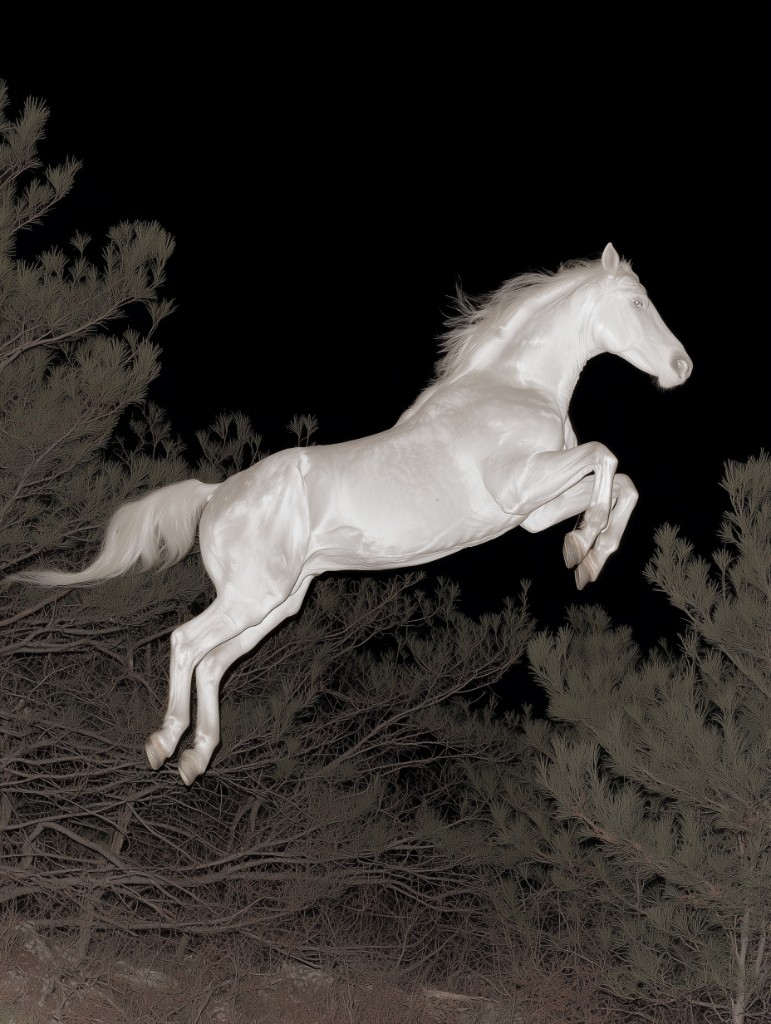 Dramatic brand key visual: luminous white horse leaping against a black night sky and muted pine silhouettes