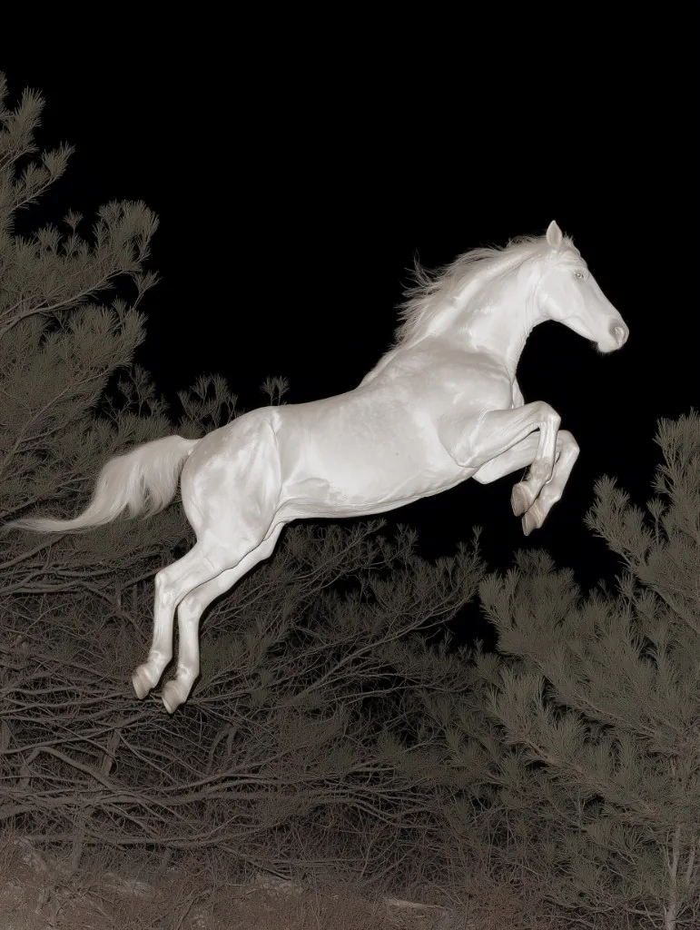 Dramatic brand key visual: luminous white horse leaping against a black night sky and muted pine silhouettes